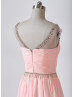 Beaded Blush Pink Ruched Chiffon V Back Prom Dress